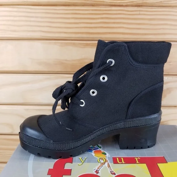 Black Canvas Combat Military Biker Moto Ankle Boots Lace up Women's 6.5M Heeled - Picture 7 of 10